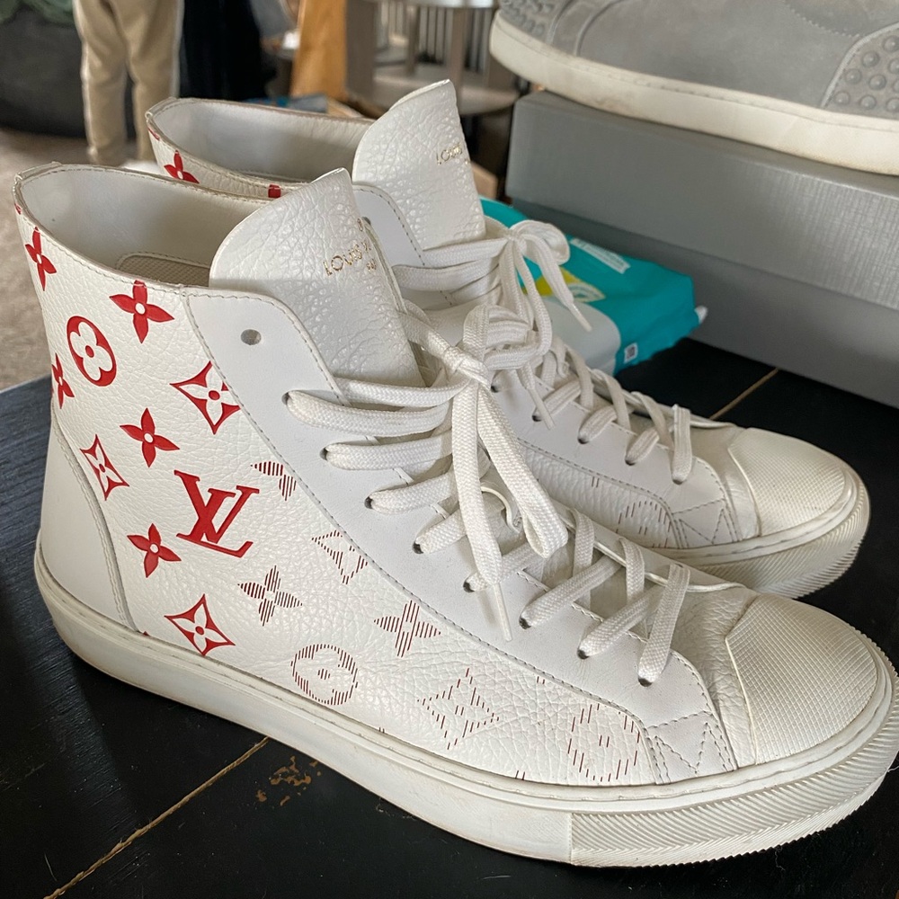 Louis Vuitton White and Red High-Top Sneakers